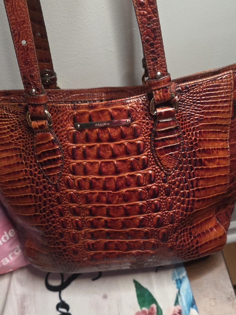 Brahmin Croc-Embossed Leather Tote in Whiskey Brown